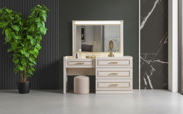 Noble bedroom furniture white dressing table mirror upholstered stool 3-piece set