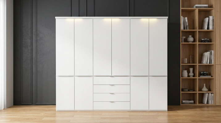 White wardrobe with 4 drawers, bedroom cabinets, wooden furniture
