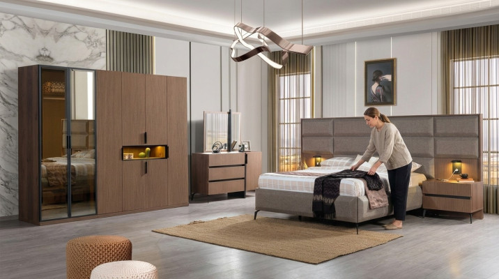 Brown bedroom wooden furniture textile bed nightstands dresser wardrobe