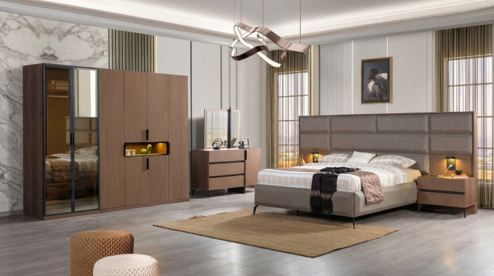 Brown bedroom wooden furniture textile bed nightstands dresser wardrobe