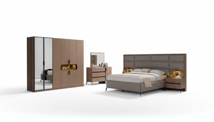 Brown bedroom wooden furniture textile bed nightstands dresser wardrobe