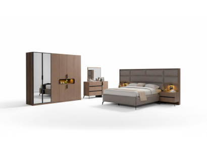 Brown bedroom wooden furniture textile bed nightstands dresser wardrobe