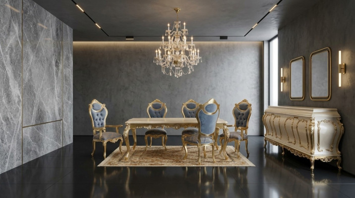 Luxurious dining room set: dining table, 6 chairs, sideboard, cabinet, mirror.