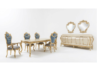 Luxurious dining room set: dining table, 6 chairs, sideboard, cabinet, mirror.
