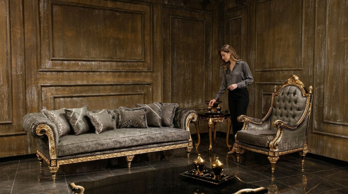 Classic grey sofa set 3+1 seater luxurious designer coffee table