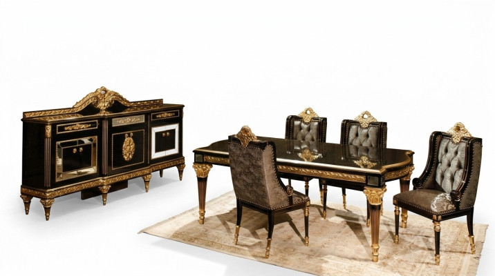 Black Classic Dining Room Set Dining Table 4x Chairs Display Cabinet 7-piece Set