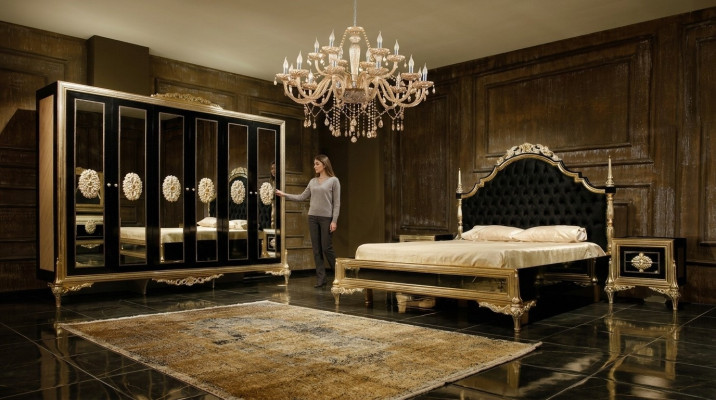 Black bedroom set luxury bed 2x nightstands dresser wardrobe