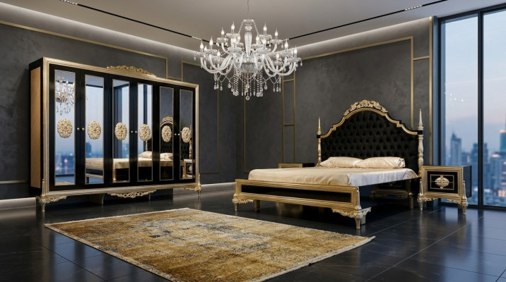 Black bedroom set luxury bed 2x nightstands dresser wardrobe