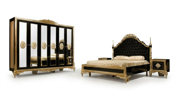 Black bedroom set luxury bed 2x nightstands dresser wardrobe