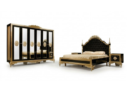 Black bedroom set luxury bed 2x nightstands dresser wardrobe