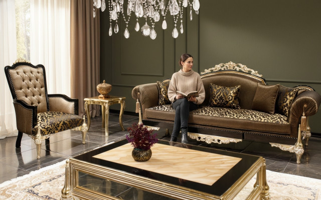 Brown Chesterfield Living Room Sofas 3-Seater Textile Armchair Coffee Table