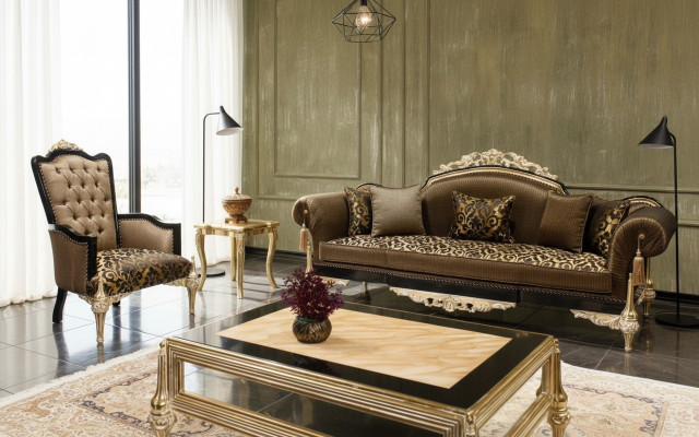 Brown Chesterfield Living Room Sofas 3-Seater Textile Armchair Coffee Table