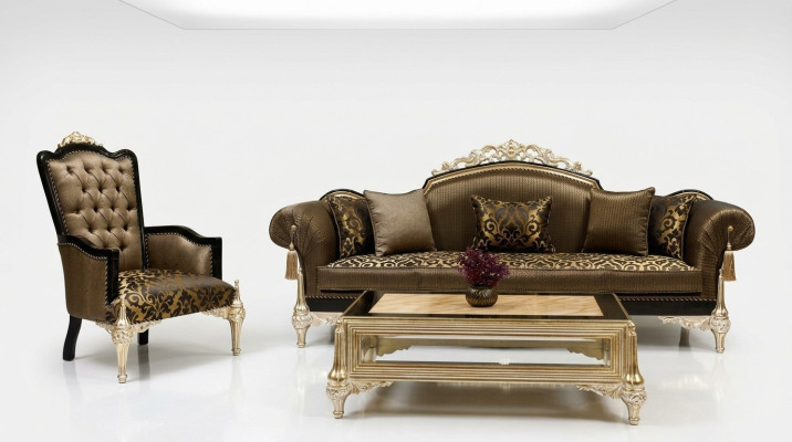 Brown Chesterfield Living Room Sofas 3-Seater Textile Armchair Coffee Table
