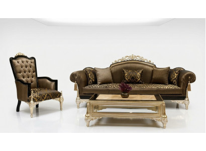 Brown Chesterfield Living Room Sofas 3-Seater Textile Armchair Coffee Table
