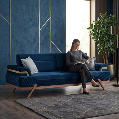 Dark blue sofa living room 3-seater textile couch designer three-seater
