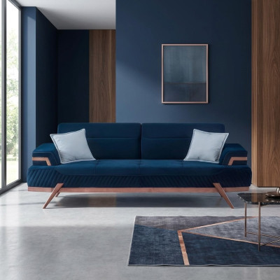 Dark blue sofa living room 3-seater textile couch designer three-seater