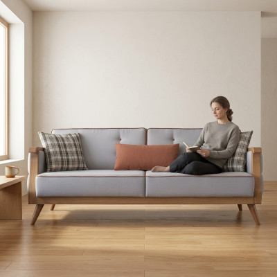 Blue fabric sofa, living room, three-seater, upholstery, furniture, wooden frame, couch