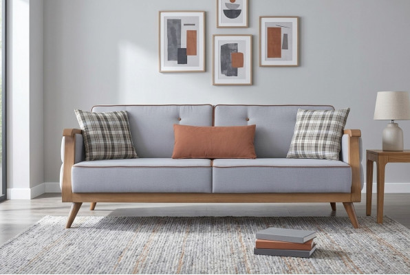 Blue fabric sofa, living room, three-seater, upholstery, furniture, wooden frame, couch