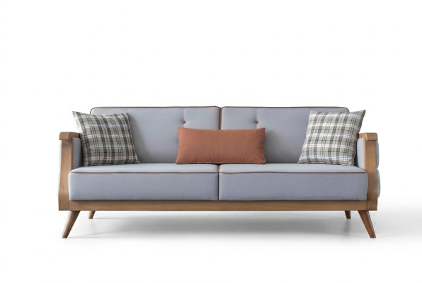 Blue fabric sofa, living room, three-seater, upholstery, furniture, wooden frame, couch