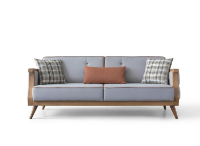 Blue fabric sofa, living room, three-seater, upholstery, furniture, wooden frame, couch