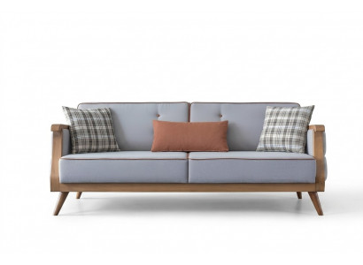 Blue fabric sofa, living room, three-seater, upholstery, furniture, wooden frame, couch