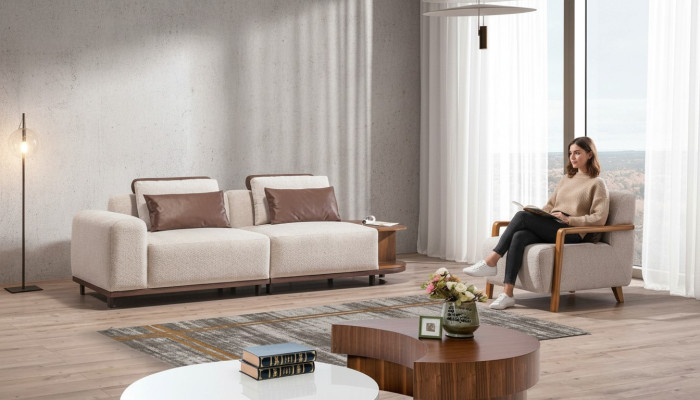 Beige living room seating set designer sofa suite 2+1 seater luxury sofas.