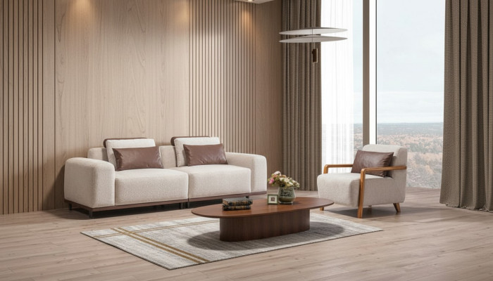 Beige living room seating set designer sofa suite 2+1 seater luxury sofas.