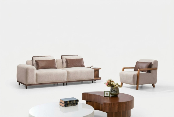 Beige living room seating set designer sofa suite 2+1 seater luxury sofas.