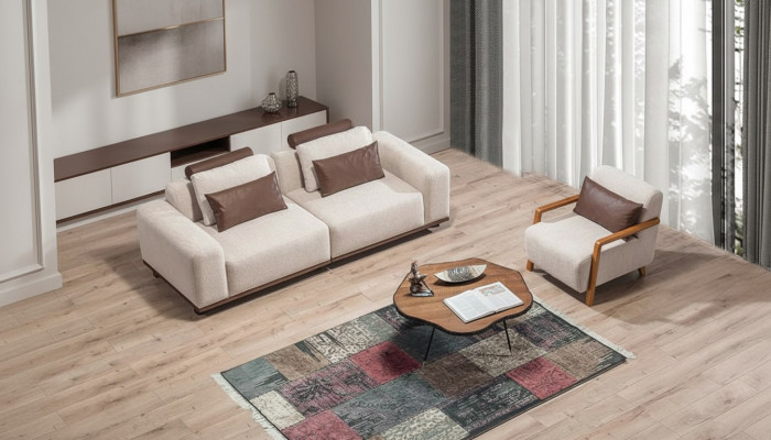 Beige living room sofa set exclusive 2-seater textile armchair upholstered furniture
