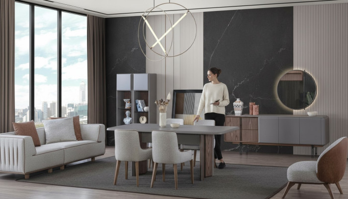 Dining room set consists of dining table, 4 chairs, and sideboard with mirror, 7 pieces.