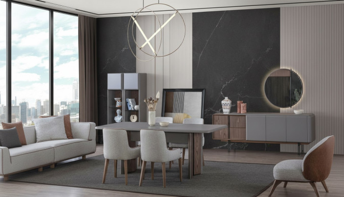 Dining room set consists of dining table, 4 chairs, and sideboard with mirror, 7 pieces.