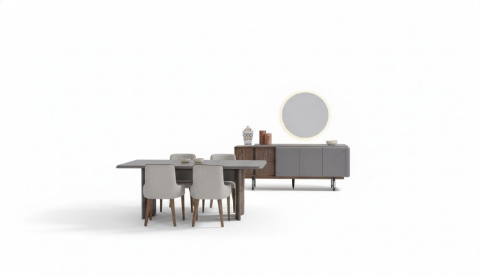 Dining room set consists of dining table, 4 chairs, and sideboard with mirror, 7 pieces.