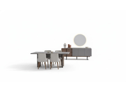 Dining room set consists of dining table, 4 chairs, and sideboard with mirror, 7 pieces.