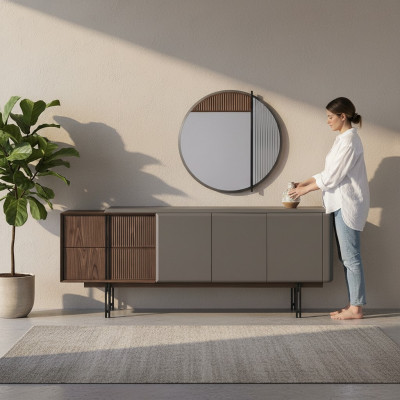 Exclusive dining room set consists of a 2-piece sideboard and mirror novelty.