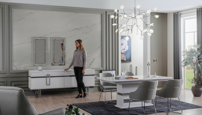 Design dining room set: dining table + 4 chairs + sideboard with 2 mirrors, 8 pieces.