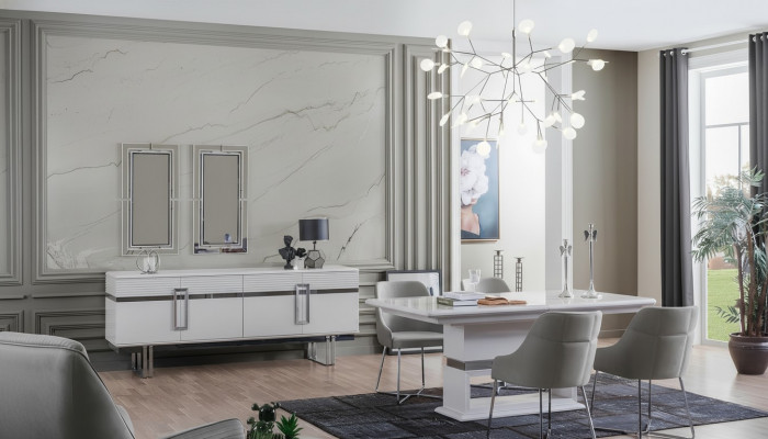 Design dining room set: dining table + 4 chairs + sideboard with 2 mirrors, 8 pieces.
