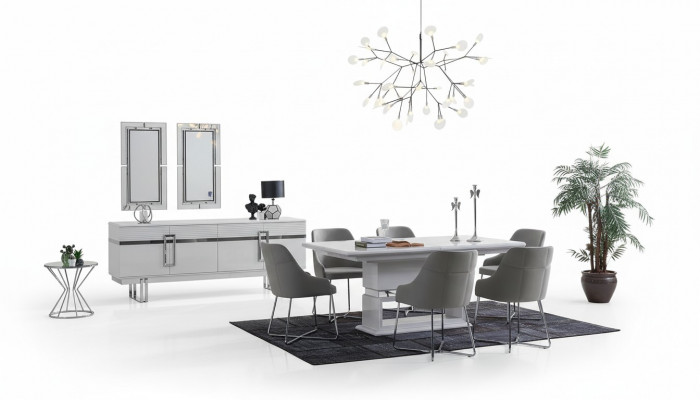 Design dining room set: dining table + 4 chairs + sideboard with 2 mirrors, 8 pieces.