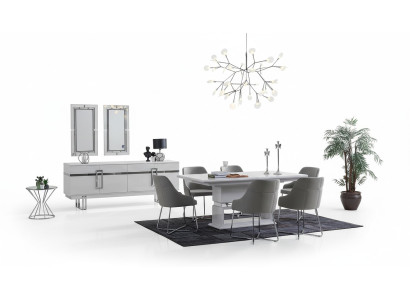 Design dining room set: dining table + 4 chairs + sideboard with 2 mirrors, 8 pieces.