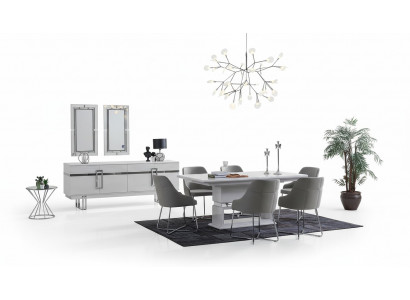 Design dining room set: dining table + 4 chairs + sideboard with 2 mirrors, 8 pieces.