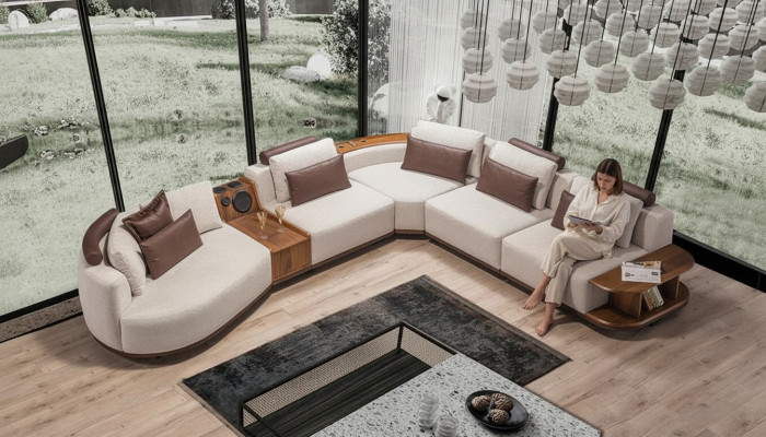 Beige living room corner sofa, exclusive L-shaped couch, modern wooden frame.