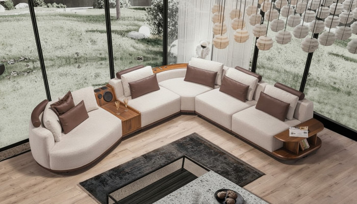 Beige living room corner sofa, exclusive L-shaped couch, modern wooden frame.