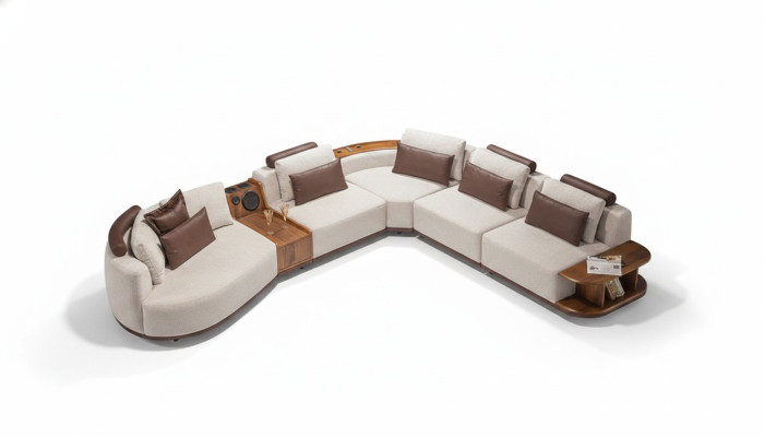 Beige living room corner sofa, exclusive L-shaped couch, modern wooden frame.