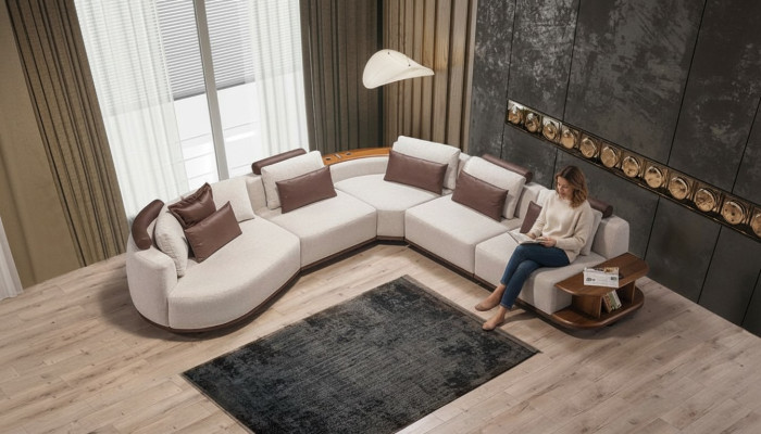 White corner sofa designer living room L-shaped couch upholstered furniture wooden frame