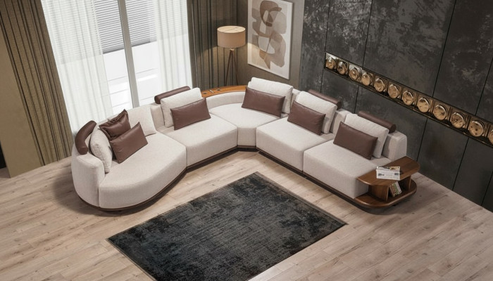 White corner sofa designer living room L-shaped couch upholstered furniture wooden frame