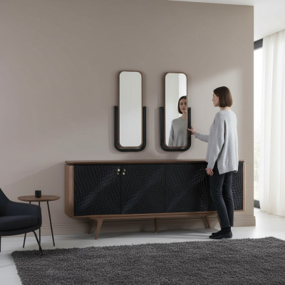 Exclusive dining room set consists of 3-piece modern sideboard and 2 mirrors