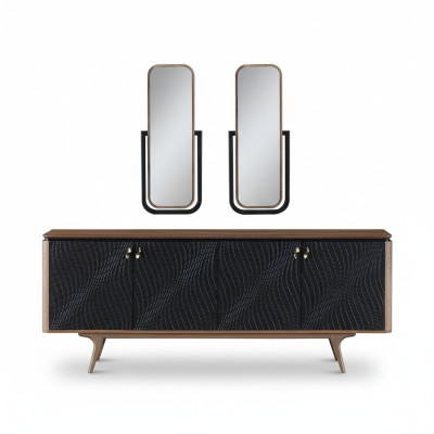 Exclusive dining room set consists of 3-piece modern sideboard and 2 mirrors