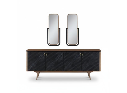 Exclusive dining room set consists of 3-piece modern sideboard and 2 mirrors