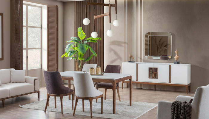 Luxury Dining Room Set Dining Table 4x Chairs Sideboard Mirror 7 pcs Modern