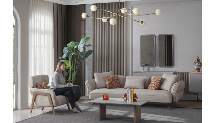 Luxury Modern Living Room Set 4-piece. Sofa 4-seater Armchair Coffee Table Suite
