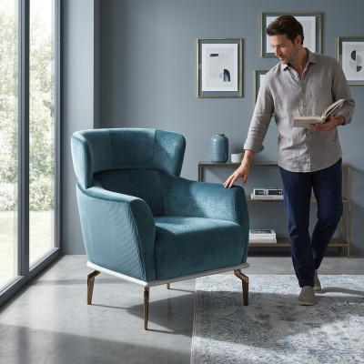 Design armchair, modern, green color, living room seating, textile luxury furniture